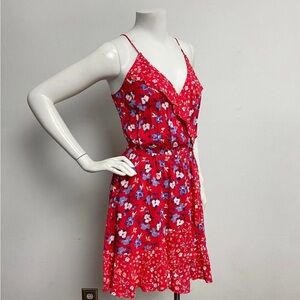 Express Red, White, & Blue Floral Dress with Faux-Wrap Front and Ruffle Accents